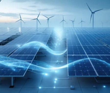 A large-scale renewable energy facility featuring rows of high-efficiency solar panels and multiple wind turbines generating clean electricity. The image highlights the integration of solar and wind power with a smart energy grid, symbolizing sustainable power generation, energy efficiency, and advanced electrical engineering solutions. Bilal Switchgear Engineering delivers reliable renewable energy infrastructure, power distribution systems, and innovative electrical solutions for industrial and commercial applications.