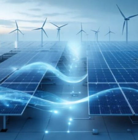 A large-scale renewable energy facility featuring rows of high-efficiency solar panels and multiple wind turbines generating clean electricity. The image highlights the integration of solar and wind power with a smart energy grid, symbolizing sustainable power generation, energy efficiency, and advanced electrical engineering solutions. Bilal Switchgear Engineering delivers reliable renewable energy infrastructure, power distribution systems, and innovative electrical solutions for industrial and commercial applications.